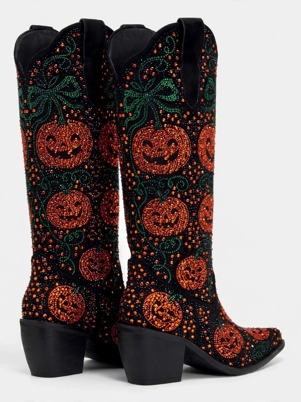 Embellished Pumpkin Tall Cowboy Boots - Black/Orange